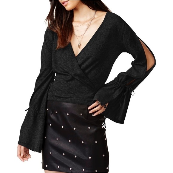 MinkPink Crop Surplice Slit Sleeve Top - Picture 1 of 6